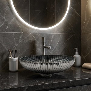 Lavoar oval din sticla cu caneluri Brillant Platinium Black Gloss 51 x 35 cm - Img 10