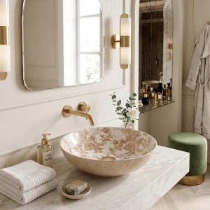 Lavoar pe blat din ceramica Juliana Brown, rotund, design vintage maro - Img 4