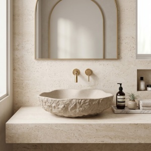 Lavoar pe blat Rea Isla Warm Beige cu textura de piatra naturala - Img 6