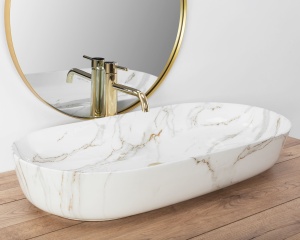 Lavoar REA CLEO 81 SHINNY AIAX, Dimensiuni 81 X 41 X 13.5 Cm, Montaj Pe Blat, Design Deosebit, Ceramica Sanitara, Maro/Alb - Img 4