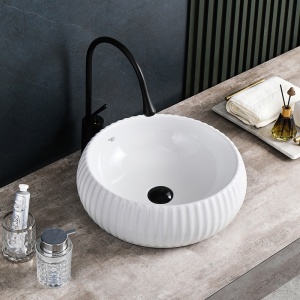 Lavoar rotund cu fixare pe blat alb lucios si caneluri Naomi White Gloss 40 x 15 cm - Img 9