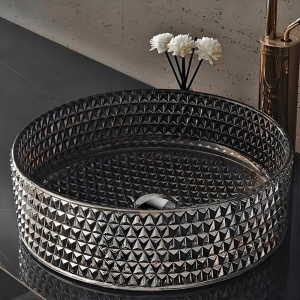 Lavoar rotund din sticla frezata cu montaj pe blat Brillant Black Platinium Gloss 40 x 12 cm - Img 7