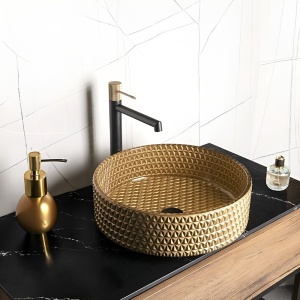 Lavoar rotund din sticla frezata cu montaj pe blat Brillant Gold Matt 36 x 12 cm - Img 4