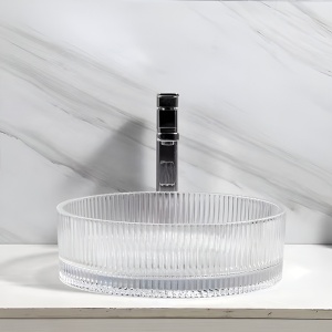Lavoar rotund din sticla transparenta si frezata cu montaj pe blat Brillant 40 x 12 cm - Img 7