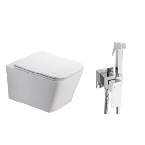 Pachet vas wc suspendat Fluminia Paris, capac softclose si set dus igiena intima crom cu baterie incastrata Rea Fenix - Img 1