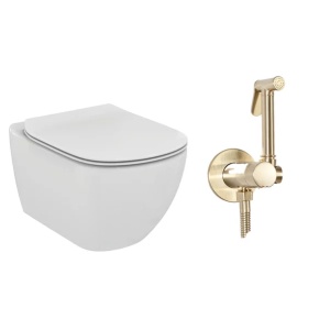 Pachet vas wc suspendat Ideal Standard Tesi, capac softclose si set dus igiena intima auriu cu baterie incastrata Rea Loop