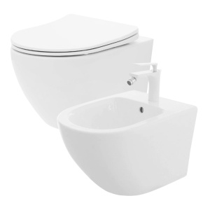 Set Bideu REA CARLO MINI Si Vas WC REA CARLO FLAT MINI RIMLESS, Montaj Suspendat, Ceramica Sanitara, Capac Soft-Close Inclus, Alb - Img 1