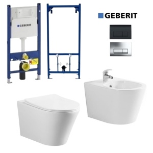 Set Bideu si Vas WC PRO GEBERIT, suspendat, ceramica sanitara, Vas WC SONATA Clementina RIMLESS + Bideu + Capac Soft-Close SLIM PREMIUM + Cadru + Clapeta - Img 1