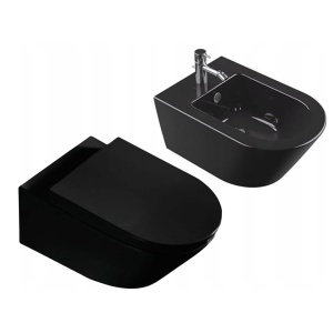 Set Bideu si Vas WC PRO Sonet, Montaj In Perete, Ceramica Sanitara, Capac Soft-Close Inclus, Negru - Img 1