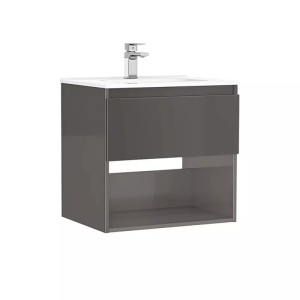 Set mobilier baie suspendat Gala Daily antracit lucios 60 x 46 cm cu lavoar ceramic si raft