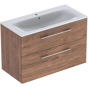 Set mobilier suspendat Geberit Selnova Square 100 x 48 cm cu 2 sertare si lavoar nuc american