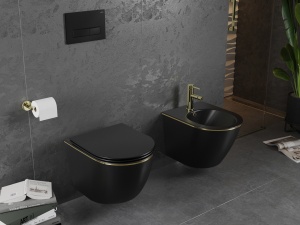 Set Vas Wc PRO Lena carlo Negru Mat/Auriu , Tehnologie Rimless, Capac slim cu inchidere lenta - Img 6