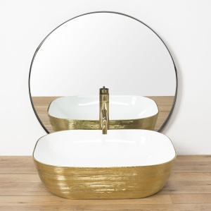 Set Vas WC REA CARLO BRUSH GOLD Si Lavoar REA FLORIA GOLD,Lavoar 465 X 330 X 135 mm,WC Suspendat 490 X 370 X 330 mm,Capac Soft-Close Inclus,Auriu/Alb - Img 2