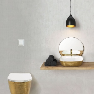 Set Vas WC REA CARLO BRUSH GOLD Si Lavoar REA FLORIA GOLD,Lavoar 465 X 330 X 135 mm,WC Suspendat 490 X 370 X 330 mm,Capac Soft-Close Inclus,Auriu/Alb - Img 12