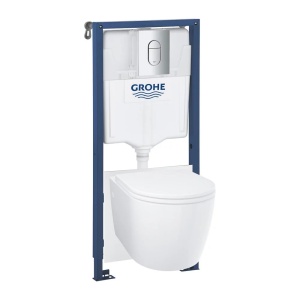 Set vas WC suspendat Grohe Bau Ceramic Rimless alb cu capac, clapeta si rezervor incastrat