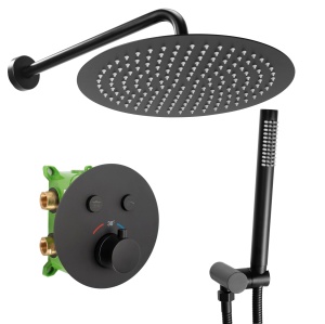 Sistem Complet De Dus REA MILER BLACK MATT BOX, Montaj In Perete, Para Rotunda Tip Ploaie 30x30 Cm, 2 Functii , Finisaj Negru Mat