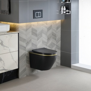 Vas de toaleta suspendat Mizu Black Matt&Gold, rimless, cu capac din duroplast cu softclose - Img 4