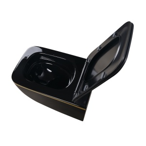 Vas WC suspendat Yuzu Tornado Black Glossy & Gold, rimless cu capac softclose - Img 8