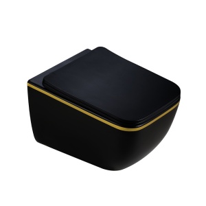 Vas WC suspendat Yuzu Tornado Black Matt & Gold, rimless cu capac softclose
