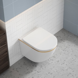 Vase de toaleta suspendat Peak White Matt&Gold, rimless cu capac softclose - Img 9