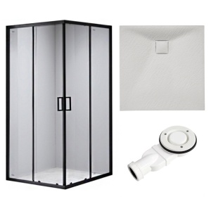 Cabina de dus din sticla securizata cu rame negre si cadita alba slim BL30B/RIKO 90 x 90 cm