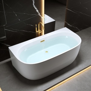 Cada de baie alb lucios cu montaj la perete, Nora 526D, 170 x 85 cm, deversor auriu periat