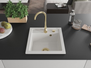 Chiuveta bucatarie din granit, culoare alba cu sifon auriu, dimensiune 52x49cm - Img 3