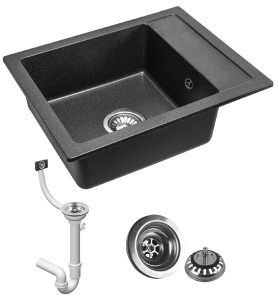 Chiuveta Bucatarie Pro GRANIT RINO BLACK, Dimensiuni 49 x 52 x 21 cm , Picurator Reversibil, Incastrabila, Forma Dreptunghiulara, Negru cu Picatele - Img 4