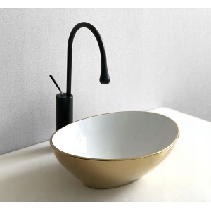 Chiuveta De Blat PRO VERA GOLD WHITE-GOLD, Dimensiuni 40,5 x 33 x 14 Cm, Montaj Pe Blat, Design Deosebit, Forma Ovala, Ceramica Sanitara, Alb / Auriu - Img 3