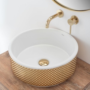 Chiuveta de blat REA Helen, 34.1x48.3 X 14.5 cm, Montaj Pe Blat, Design Deosebit, Ceramica Sanitara, Auriu / Alb - Img 2