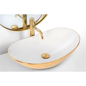 Chiuveta de blat REA ROYAL White GOLD, Dimensiuni 61 x 35 x 15 cm, Forma Ovala, Ceramica sanitara, Alb/Auriu - Img 3
