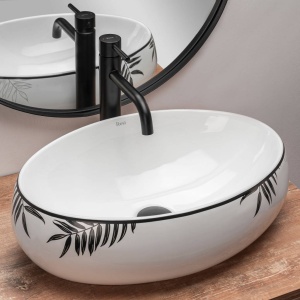 Chiuveta de blat REA SHILA, Dimensiuni 49 x 34 x 14.5 cm, Forma Ovala, Ceramica sanitara, Alb/Negru - Img 4