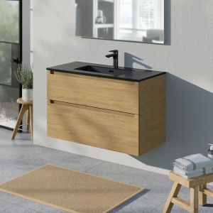 Lavoar baie incastrat din conglemerat, cu gaura baterie, negru mat, Veldman Lotus 80 x 46 cm - Img 5