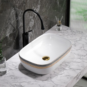 Lavoar ceramic dreptunghiular alb cu decoratiuni gri-aurii si montaj pe blat Milo White Gloss 45 x 32 cm - Img 10