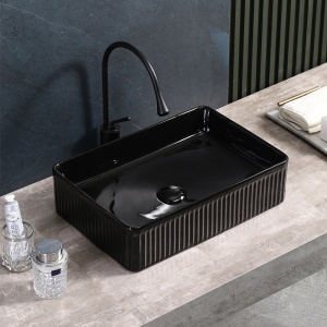 Lavoar ceramic dreptunghiular cu caneluri si montaj pe blat Aura Black Gloss 50 x 34 cm - Img 2