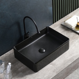 Lavoar ceramic dreptunghiular cu caneluri si montaj pe blat Aura Black Matt 50 x 34 cm - Img 2