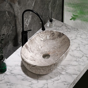 Lavoar ceramic oval cu fixare pe blat Neo Marble Grey Matt 48 x 34 cm - Img 9