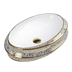 Lavoar ceramic oval cu interior alb si exterior cu decoratiuni aurii Yoko 60 x 40 cm - Img 13