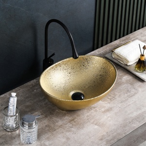 Lavoar ceramic oval cu montaj pe blat si structura aurita Lumo 40 x 33 cm - Img 6