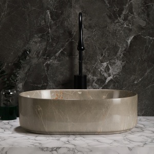 Lavoar ceramic oval din marmura bej cu montaj pe blat Navi 46 x 31 cm - Img 8