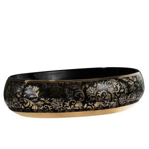 Lavoar ceramic oval negru cu decoratiuni aurii si montaj pe blat Cari 60 x 40 cm - Img 8