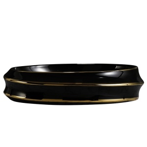 Lavoar ceramic oval negru cu linii aurii si montaj pe blat Yoko Black Gloss 60 x 40 cm - Img 3