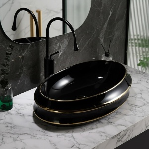 Lavoar ceramic oval negru cu linii aurii si montaj pe blat Yoko Black Gloss 60 x 40 cm - Img 13