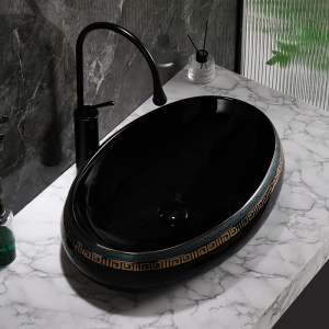 Lavoar ceramic oval negru lucios cu decoratiuni aurii Cari 60 x 40 cm - Img 3