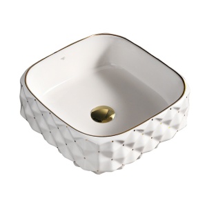 Lavoar ceramic patrat alb cu decoratii aurii si montaj pe blat Pearl White 40 x 40 cm - Img 5