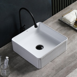 Lavoar ceramic patrat cu caneluri si montaj pe blat Aura White Gloss 37 x 37 cm - Img 7
