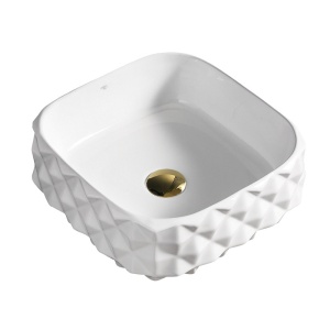 Lavoar ceramic patrat cu decoratii exterioare si montaj pe blat Pearl White 40 x 40 cm - Img 3