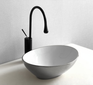 Lavoar De Blat PRO VERA SILVER, Dimensiuni 40,5 X 33 X 14 Cm, Montaj Pe Blat, Design Deosebit, Forma Ovala, Ceramica Sanitara, Alb / Argintiu - Img 7