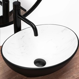 Lavoar De Blat REA SOFIA NEGRU CALALA MAT, Dimensiuni41 X 34.5 X 15 Cm, Montaj Pe Blat, Forma Ovala, Ceramica Sanitara, Negru/Marmura - Img 5