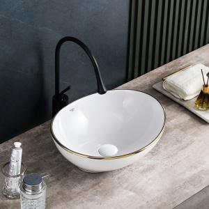 Lavoar oval cu montaj pe blat, alb cu rama aurie Lumo 40 x 33 cm - Img 7